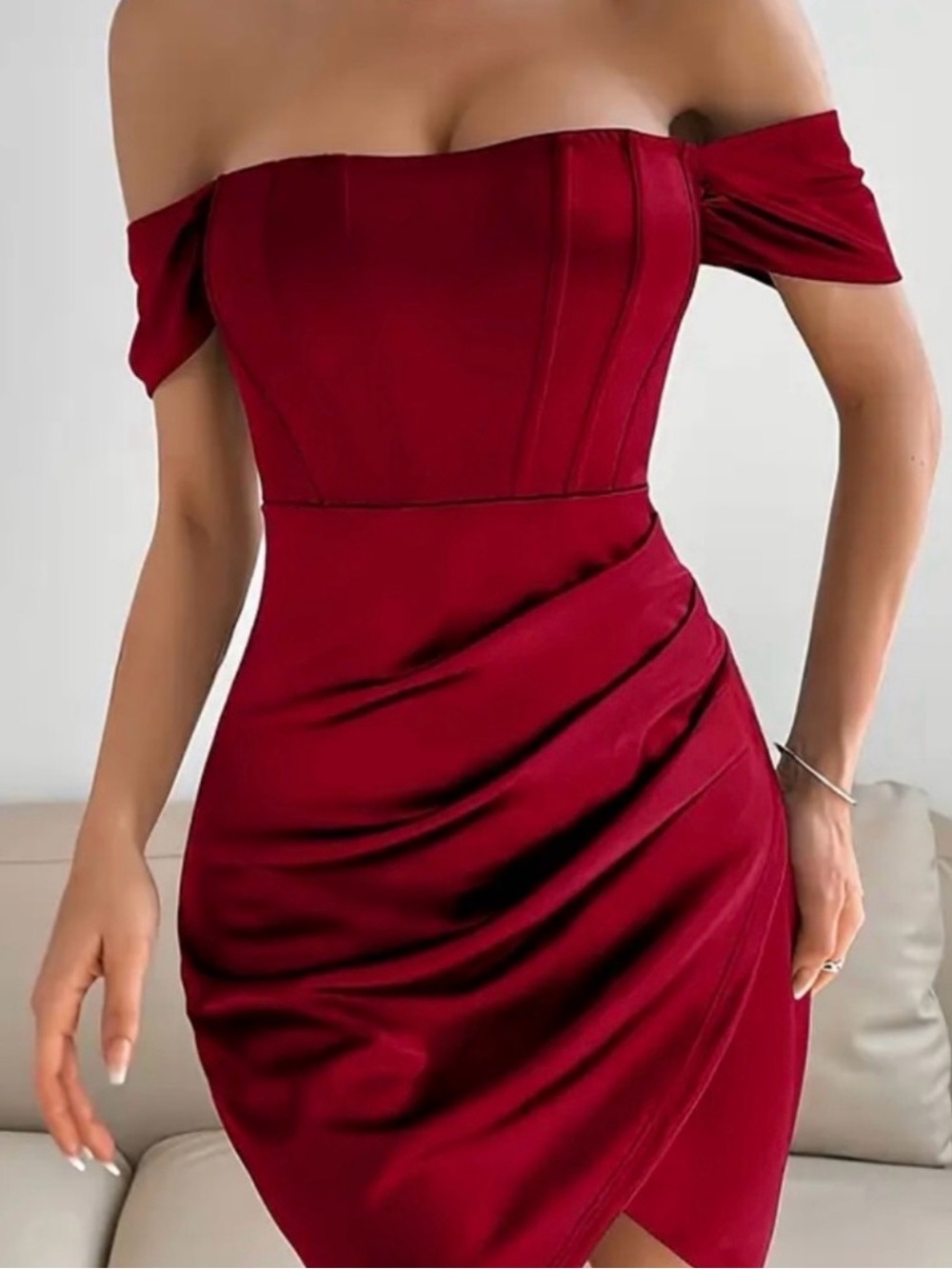 Off-Shoulder Red Satin Bodycon Dress